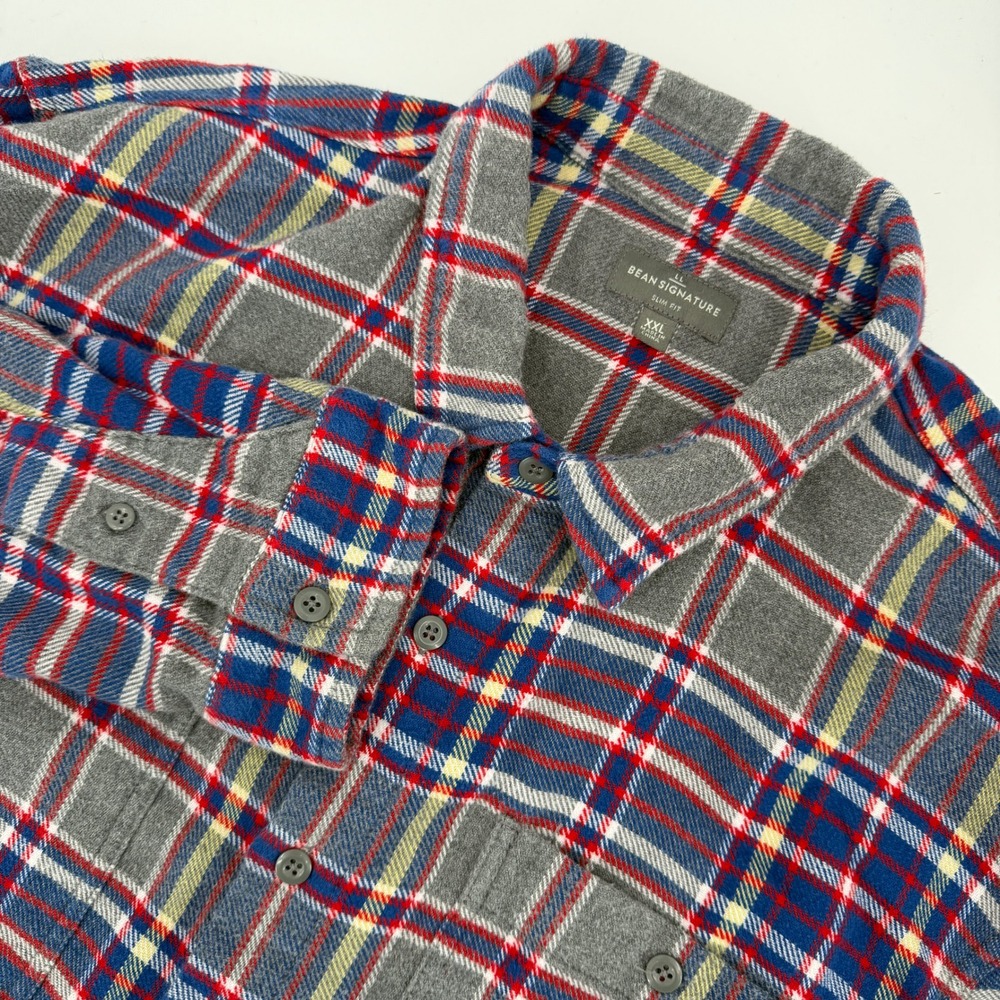 LL Bean Signature Slim Fit Flannel Shirt Mens XXL Organic Cotton Grey Blue Plaid